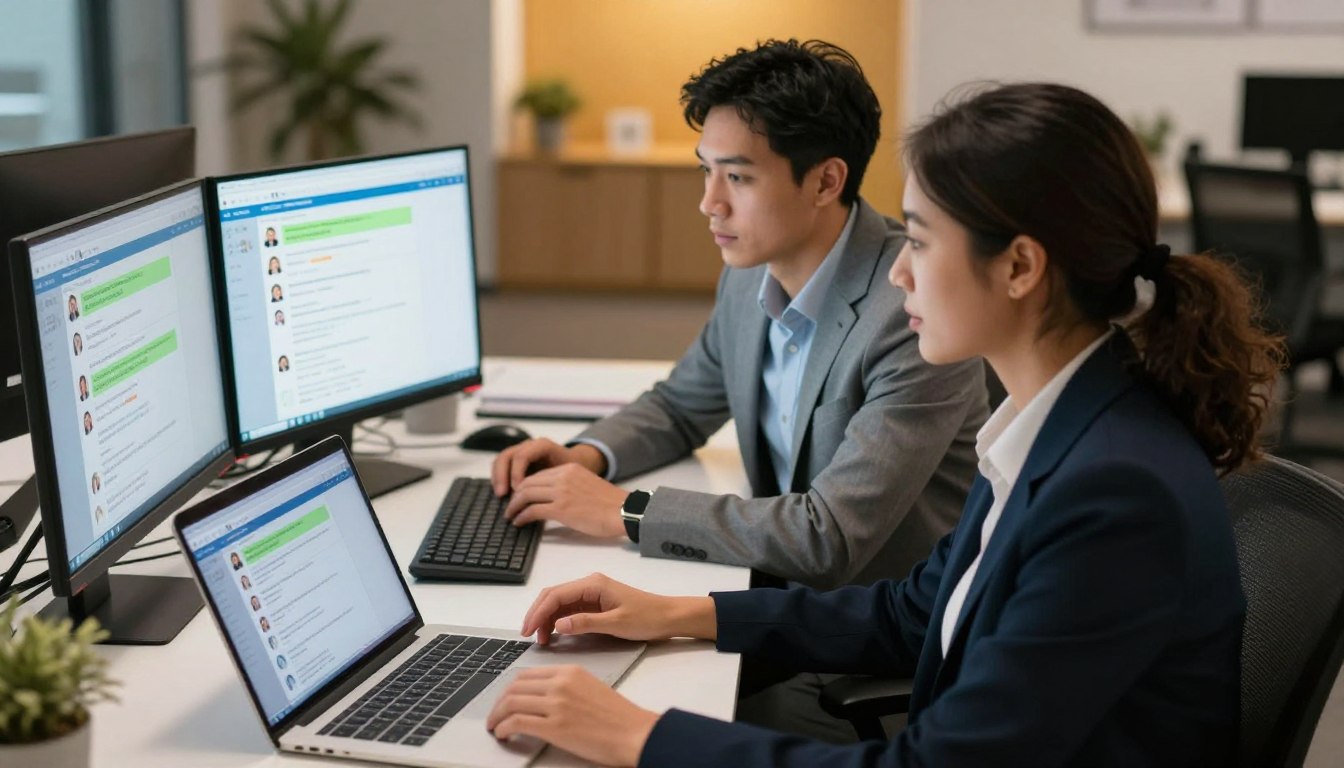 Two staff members viewing customer chats on linked desktop devices
